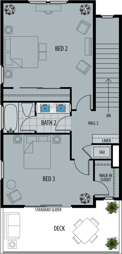 artist rendering of the second floor plan for plan three.